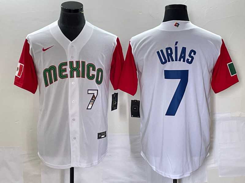 Men%27s Mexico Baseball #7 Julio Urias Number 2023 White Red World Classic Stitched Jersey